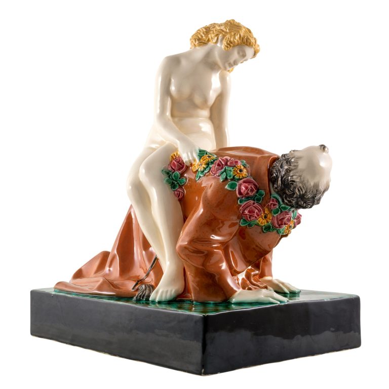 Ceramic figurine "Aristotle and Phyllis" Michael Powolny Wiener Keramik ca. 1910 marked