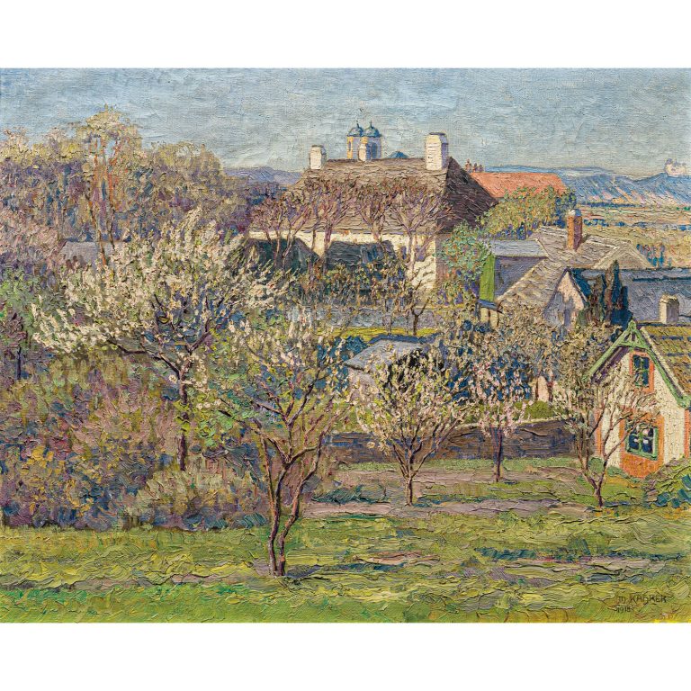 Max Kahrer "View on blooming orchards" (Klosterneuburg) oil on canvas 1918 signed