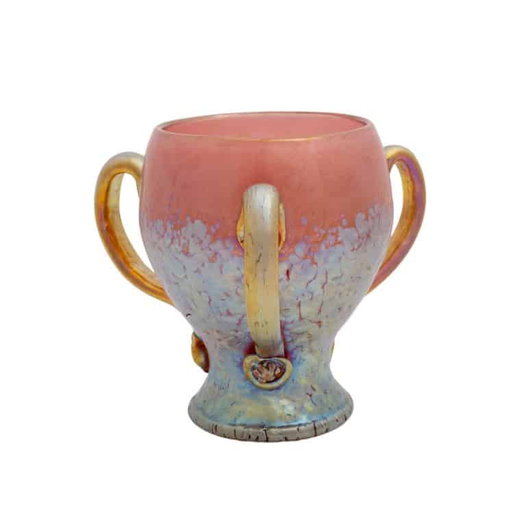 Vase mit Henkeln Johann Loetz Witwe Dekor Lava Rosa Phänomen Genre 377 um 1900 signiert