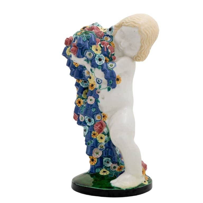 Putto with flowers "Spring" Michael Powolny Wiener Keramik ca. 1907 ceramics colorfuly glazed marked