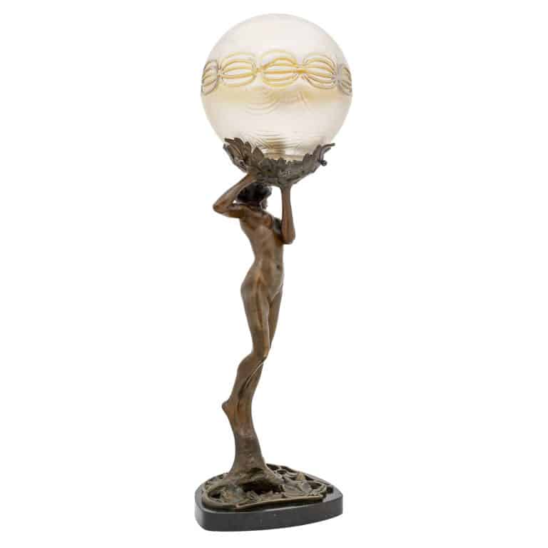 Figural table lamp "Daphne"with Loetz-shade Gustav Gurschner Johann Loetz Witwe bronze glass ca. 1901 marked