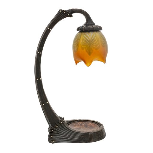 Desk lamp with Loetz-shade Gustav Gurschner Johann Loetz Witwe decor PG 1/89 bronze glass ca. 1903 signed