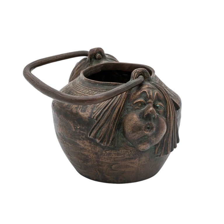 Small handle pot with theater masks Gustav Gurschner K.K. Kunst-Erzgiesserei Wien patinated bronze ca. 1899 signed