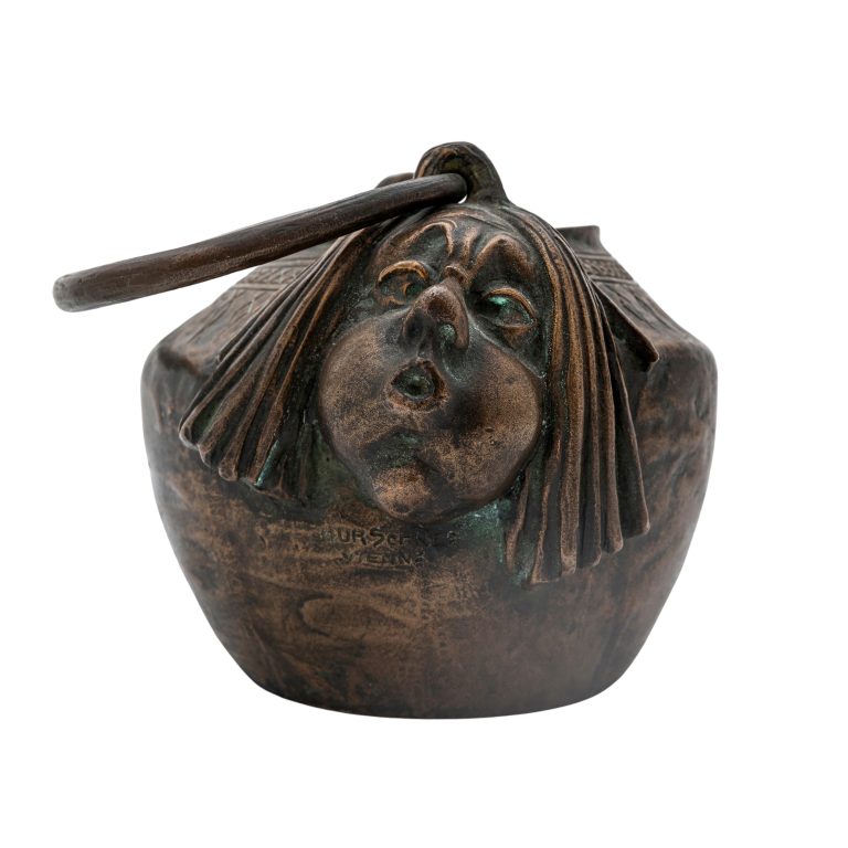 Small handle pot with theater masks Gustav Gurschner K.K. Kunst-Erzgiesserei Wien patinated bronze ca. 1899 signed