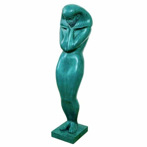 Skulptur einer Ägypterin Gustav Gurschner um 1912 Lindenholz geschnitzt türkis gefasst signiert