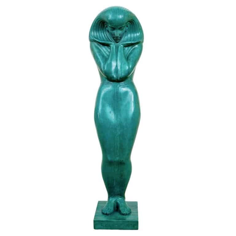 Skulptur einer Ägypterin Gustav Gurschner um 1912 Lindenholz geschnitzt türkis gefasst signiert