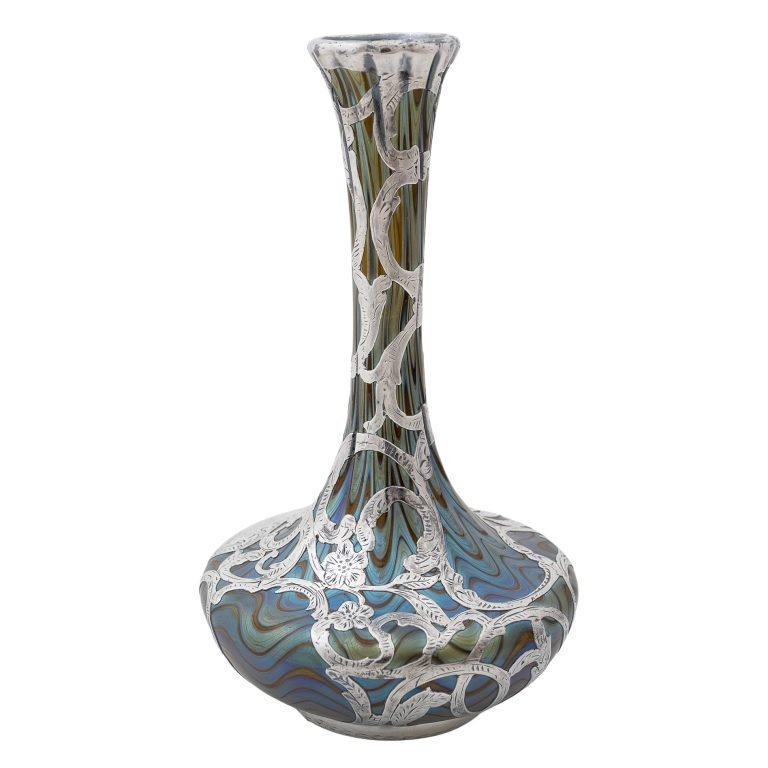 Vase with silver mounting Johann Loetz Witwe decor Bronze Phaenomen Genre 6893 ca. 1900 signed