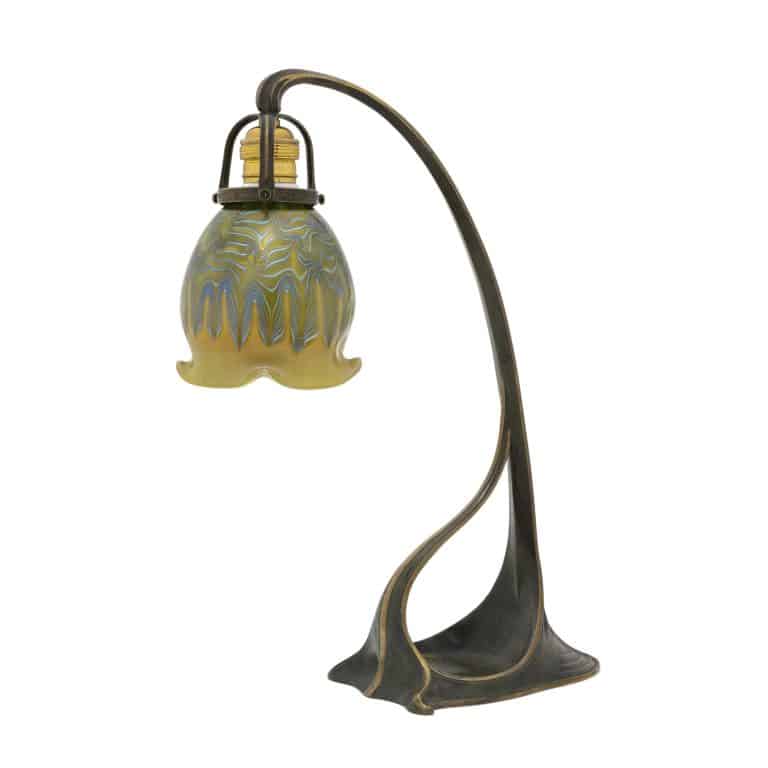 Desk lamp with Loetz shade in the style of Gustav Gurschner Johann Loetz Witwe decor Thea Phenomen Genre 6289 ca. 1908