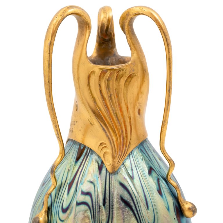 Vase with gilt mounting decor PG 7499/I on ruby-red ground Johann Loetz Witwe Osiris ca. 1899 glass gilt tin