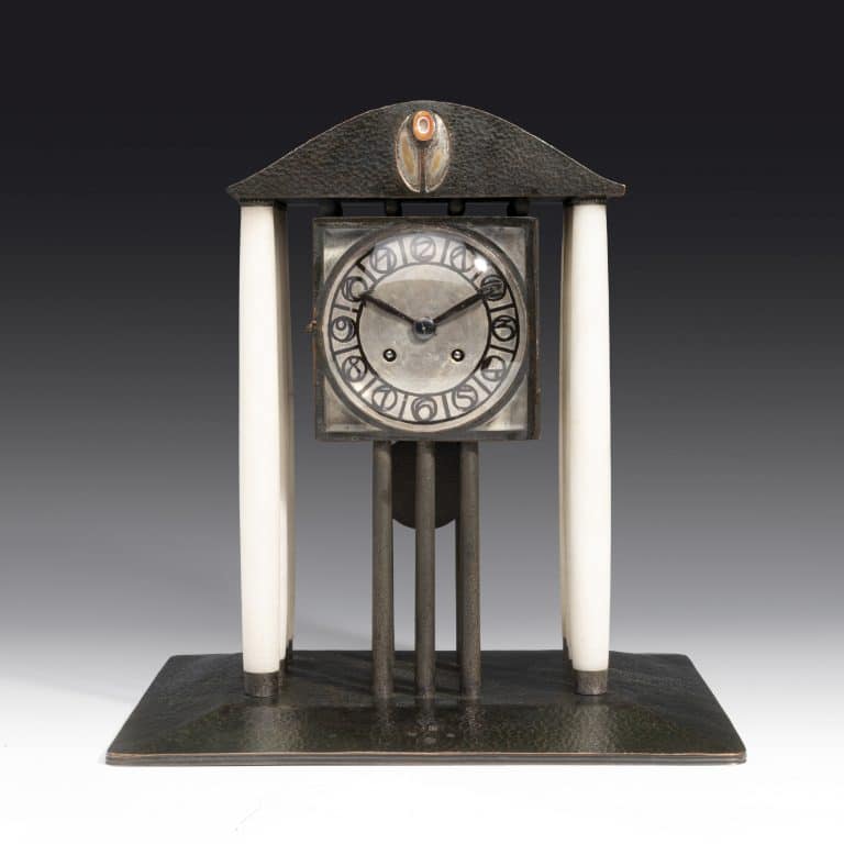 Mantle Clock Josef Hoffmann Wiener Werkstätte 1903 Copper, chased and hammered, original patina, alabaster columns, alpaca, enamel, cut glass, gemstone, one week movement with ½ hour and hour strike on bell