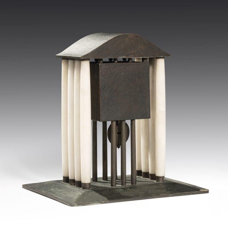 Mantle Clock Josef Hoffmann Wiener Werkstätte 1903 Copper, chased and hammered, original patina, alabaster columns, alpaca, enamel, cut glass, gemstone, one week movement with ½ hour and hour strike on bell