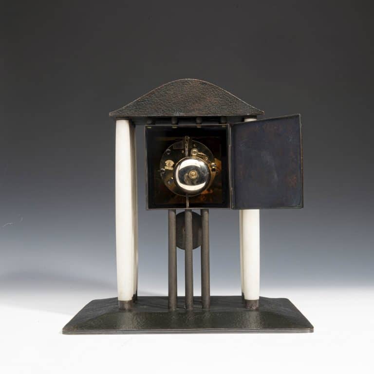 Mantle Clock Josef Hoffmann Wiener Werkstätte 1903 Copper, chased and hammered, original patina, alabaster columns, alpaca, enamel, cut glass, gemstone, one week movement with ½ hour and hour strike on bell