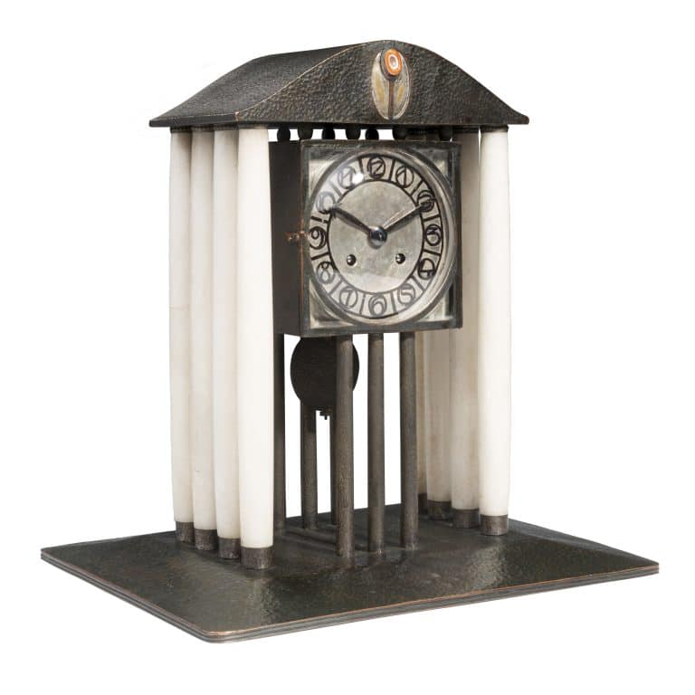 Mantle Clock Josef Hoffmann Wiener Werkstätte 1903 Copper, chased and hammered, original patina, alabaster columns, alpaca, enamel, cut glass, gemstone, one week movement with ½ hour and hour strike on bell