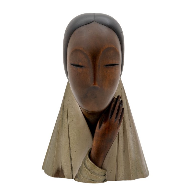 Female bust with hand and cape Franz Hagenauer Werkstätte Hagenauer Wien ca. 1940 carved wood alpacca marked