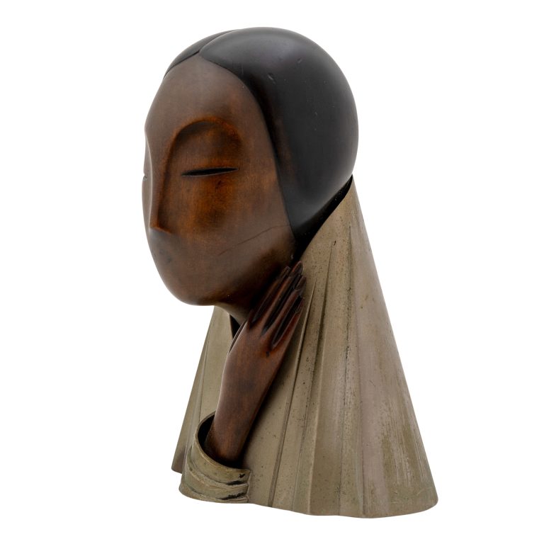 Female bust with hand and cape Franz Hagenauer Werkstätte Hagenauer Wien ca. 1940 carved wood alpacca marked