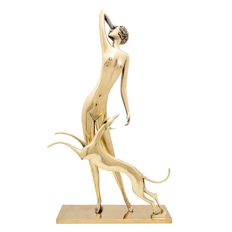 Femalde nude with dog Werkstätte Hagenauer Wien ca. 1932  brass cast marked