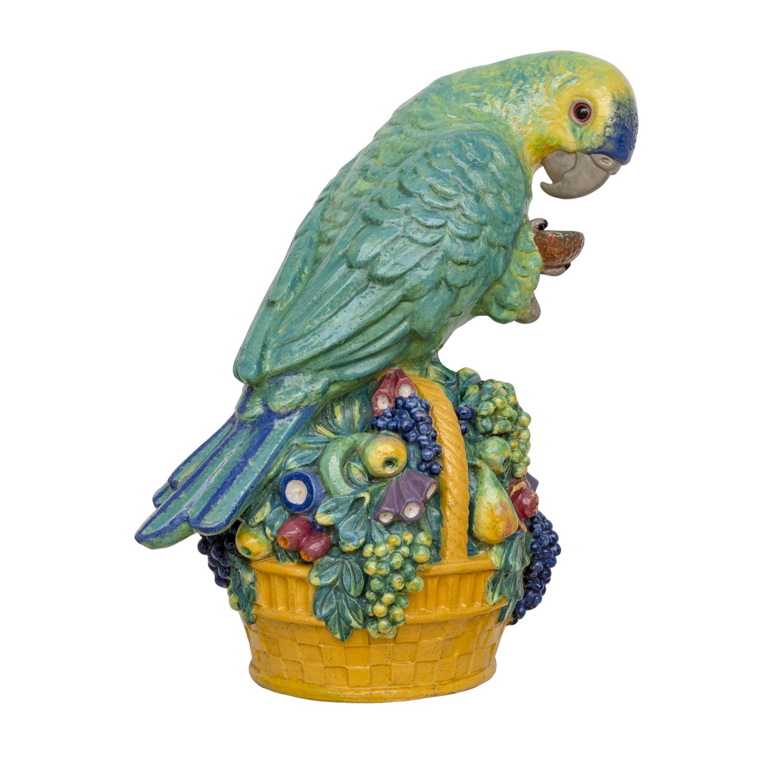 Large parrot on fruit basket Vereinigte Wiener und Gmundner Keramik ca. 1913-19 ceramics colorfully glazed marked
