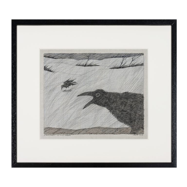 Paul Flora "Landschaft mit zwei Raben" 2003 Tuschfeder Farbstifte auf Papier signiert datiert