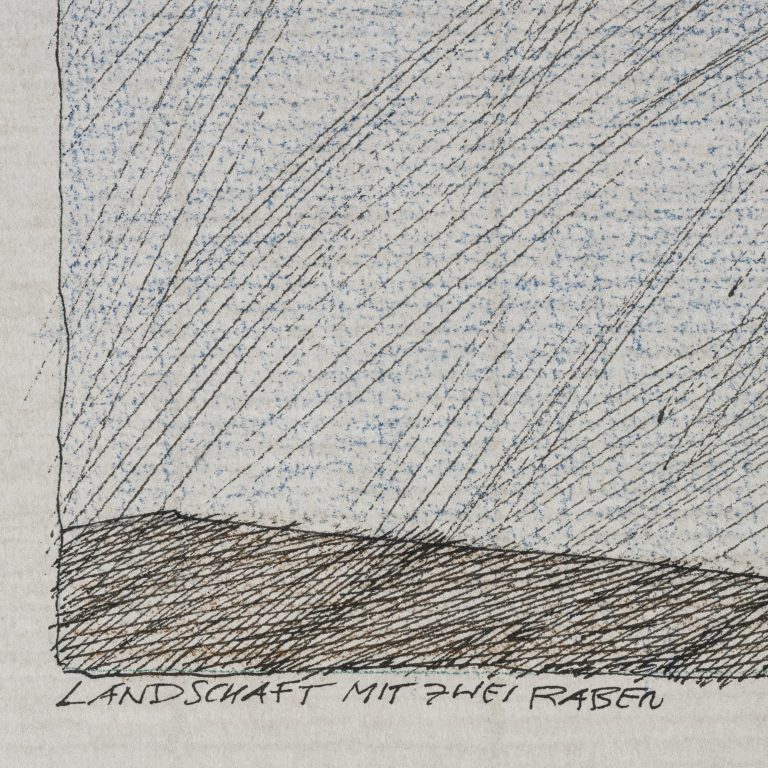 Paul Flora "Landschaft mit zwei Raben" 2003 Tuschfeder Farbstifte auf Papier signiert datiert