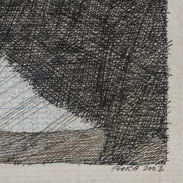 Paul Flora "Landschaft mit zwei Raben" 2003 Tuschfeder Farbstifte auf Papier signiert datiert