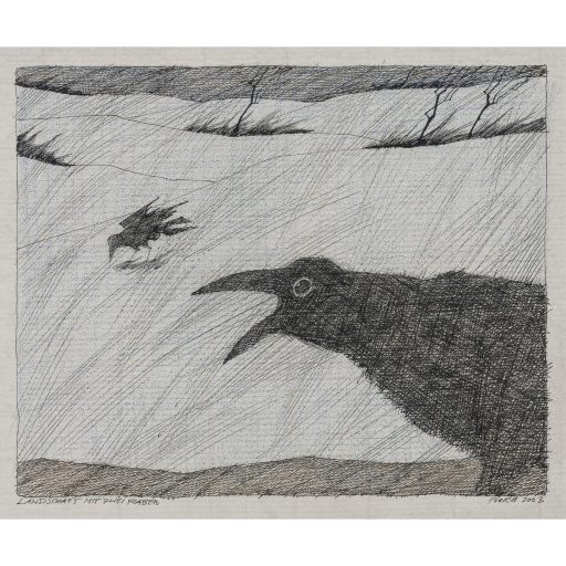 Paul Flora "Landschaft mit zwei Raben" 2003 Tuschfeder Farbstifte auf Papier signiert datiert