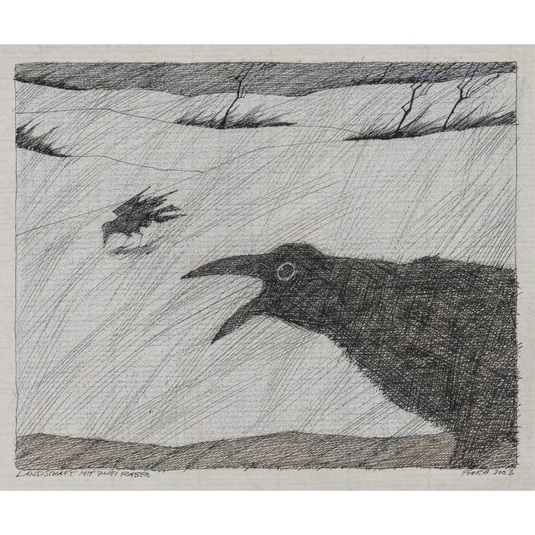 Paul Flora "Landschaft mit zwei Raben" 2003 Tuschfeder Farbstifte auf Papier signiert datiert