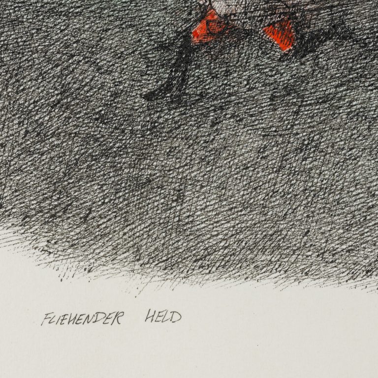 Paul Flora "Fliehender Held" um 1985 Tuschefeder Farbstifte Papier signiert