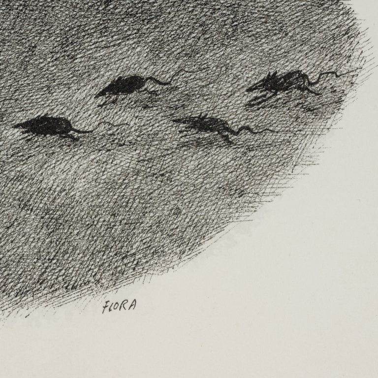 Paul Flora "Fliehender Held" um 1985 Tuschefeder Farbstifte Papier signiert