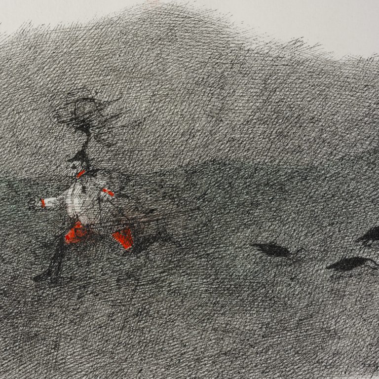Paul Flora "Fliehender Held" um 1985 Tuschefeder Farbstifte Papier signiert