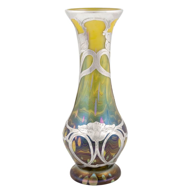 Vase mit Silbermontierung Johann Loetz Witwe Dekor Cytisus Metallgelb um 1902 markiert