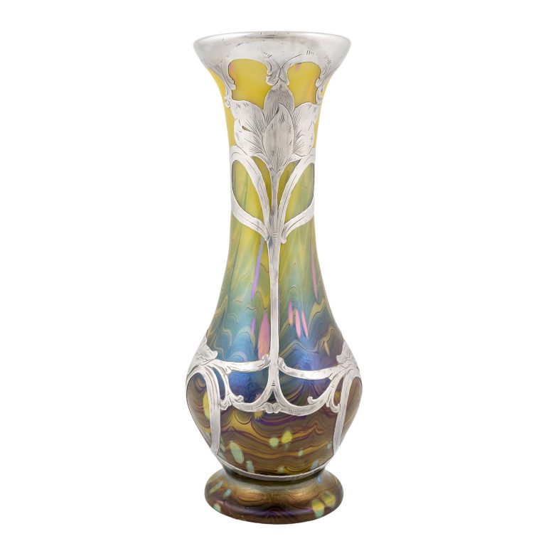 Vase mit Silbermontierung Johann Loetz Witwe Dekor Cytisus Metallgelb um 1902 markiert