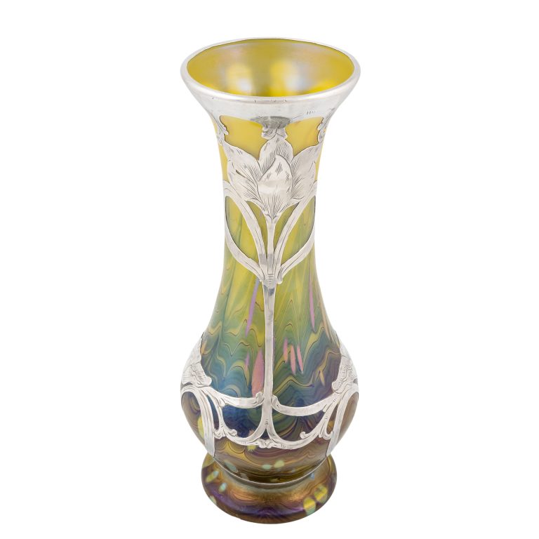 Vase mit Silbermontierung Johann Loetz Witwe Dekor Cytisus Metallgelb um 1902 markiert