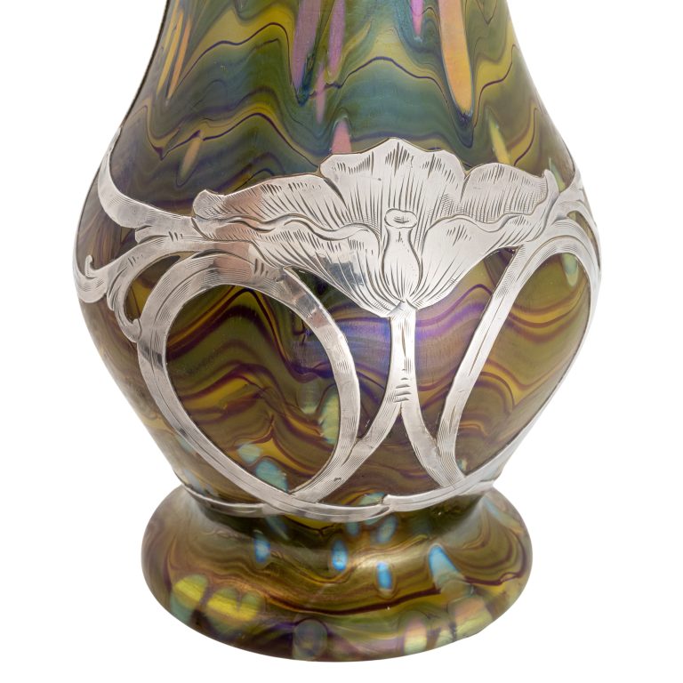 Vase mit Silbermontierung Johann Loetz Witwe Dekor Cytisus Metallgelb um 1902 markiert