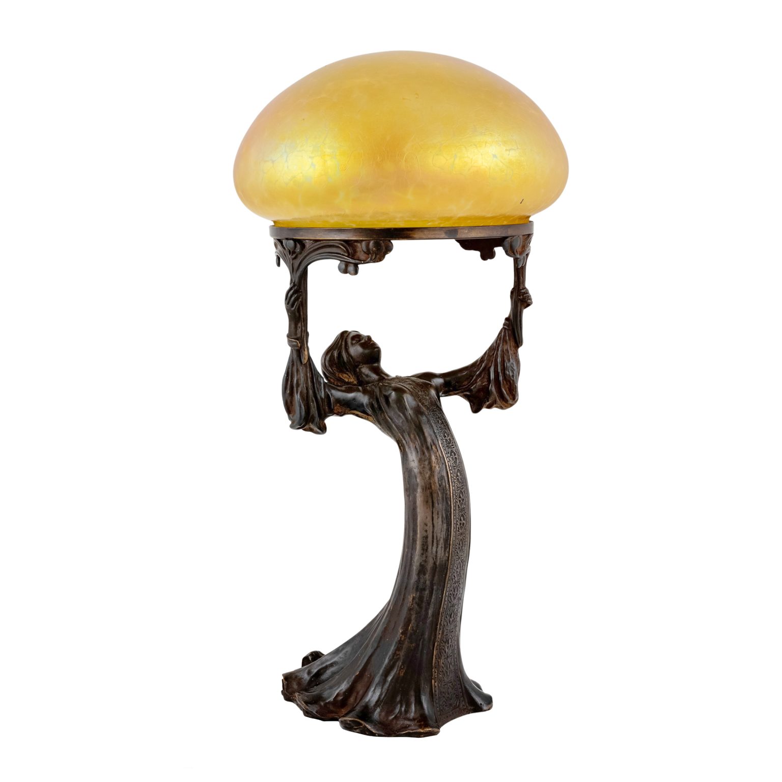 Electric table lamp with Loetz-shade Gustav Gurschner K.K. Kunst-Erzgiesserei Wien bronze glass ca. 1901 signed