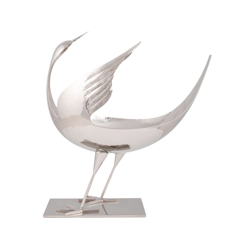 Bird-shaped centerpiece Franz Hagenauer Werkstätte Hagenauer Wien ca. 1982 brass chased nickel-plated marked