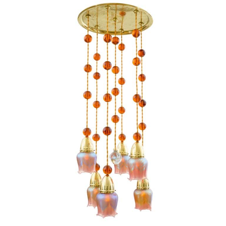 Chandelier with Loetz lampshades E. Bakalowits Söhne ca. 1902 brass glass