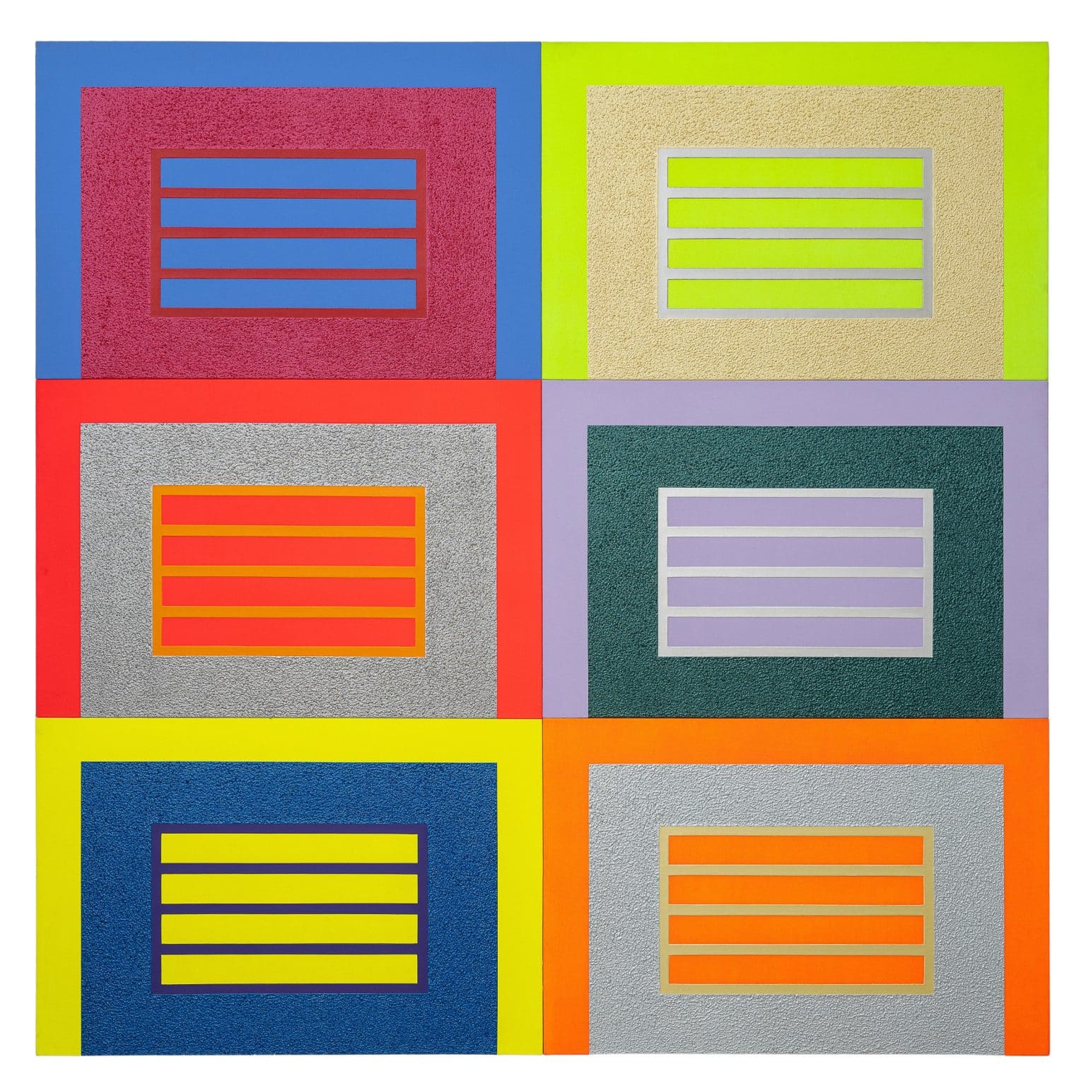 Peter Halley "Six Prisons" 2006 Acryl, fluoreszierendes Acryl, perlmutternes Metallic-Acryl und Roll-a-Tex auf 6 nebeneinanderliegenden Leinwänden
