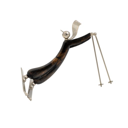 Skifahrer, Entwurf Karl Hagenauer, Ausführung Werkstätte Hagenauer Wien, um 1935, Messing, vernickelt, Edelholz, markiert