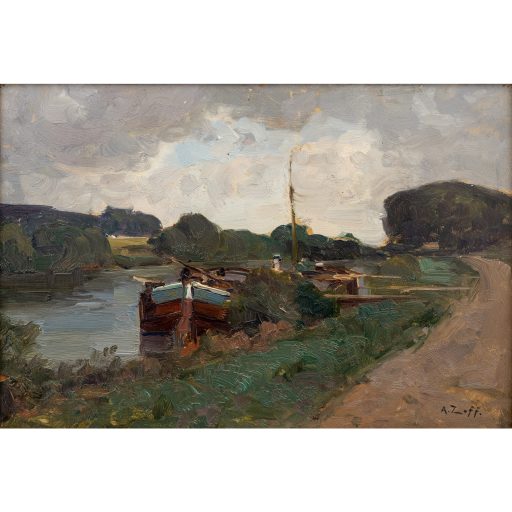 Alfred Zoff "Ship in the Aisne" oil on cardboard 1904