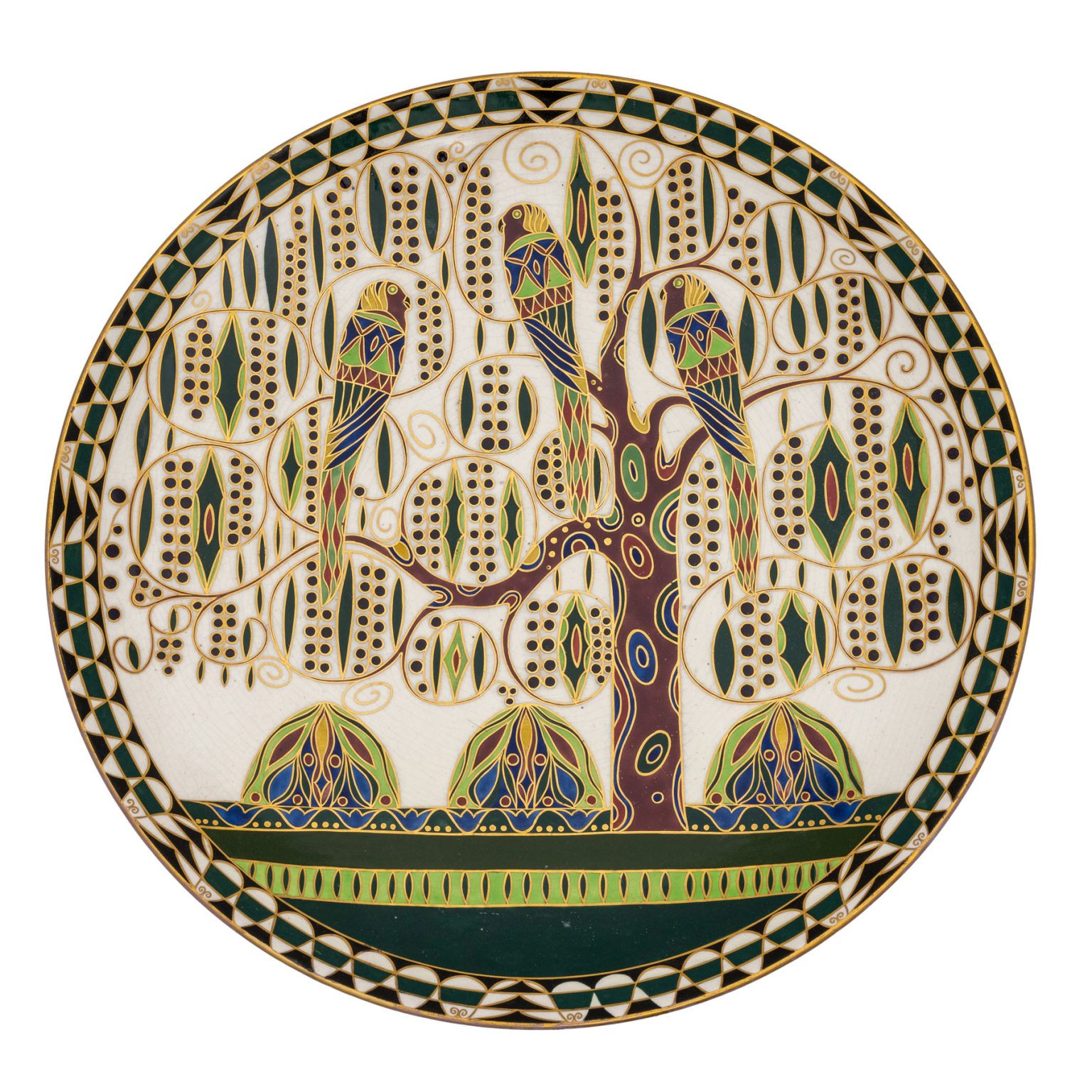 Großer Wandteller mit Papageienmotiv Karl Klaus Ernst Wahliss Wien um 1911 "Serapis-Fayence" markiert