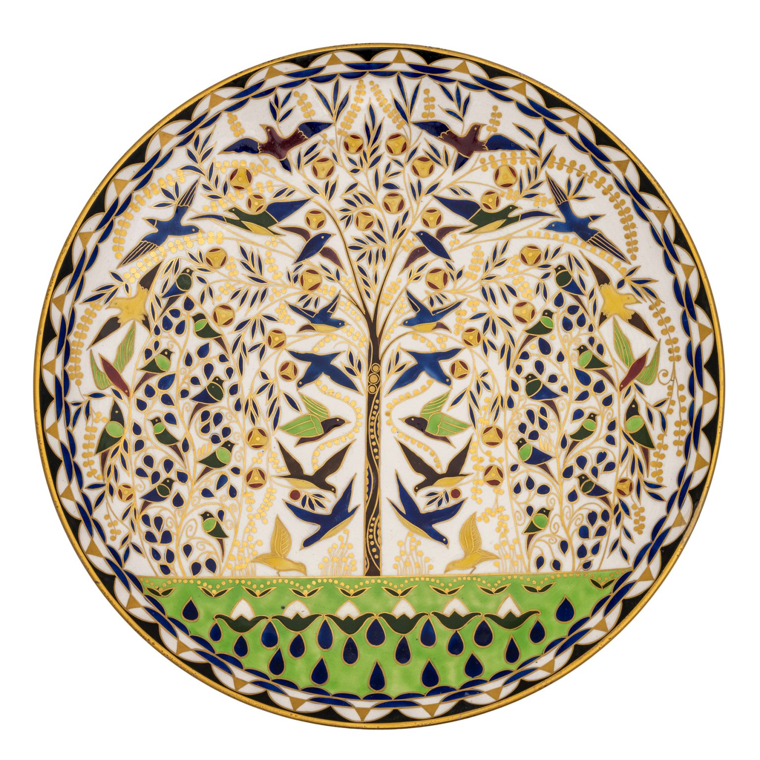 Großer Wandteller mit Baum und Vögeln Karl Klaus Ernst Wahliss Wien um 1911 "Serapis-Fayence" markiert