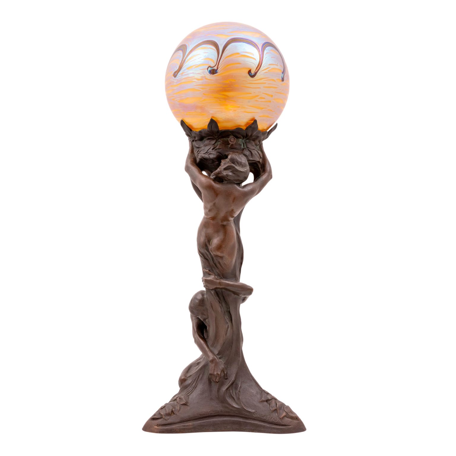 Jugendstil-Lampe "Nacht und Morgen" mit Loetz-Schirm Alice Nordin Herman Bergmans für Nordiska Kompaniet Dekor 85/3890 um 1902 Bronze patiniert Glas markiert signiert