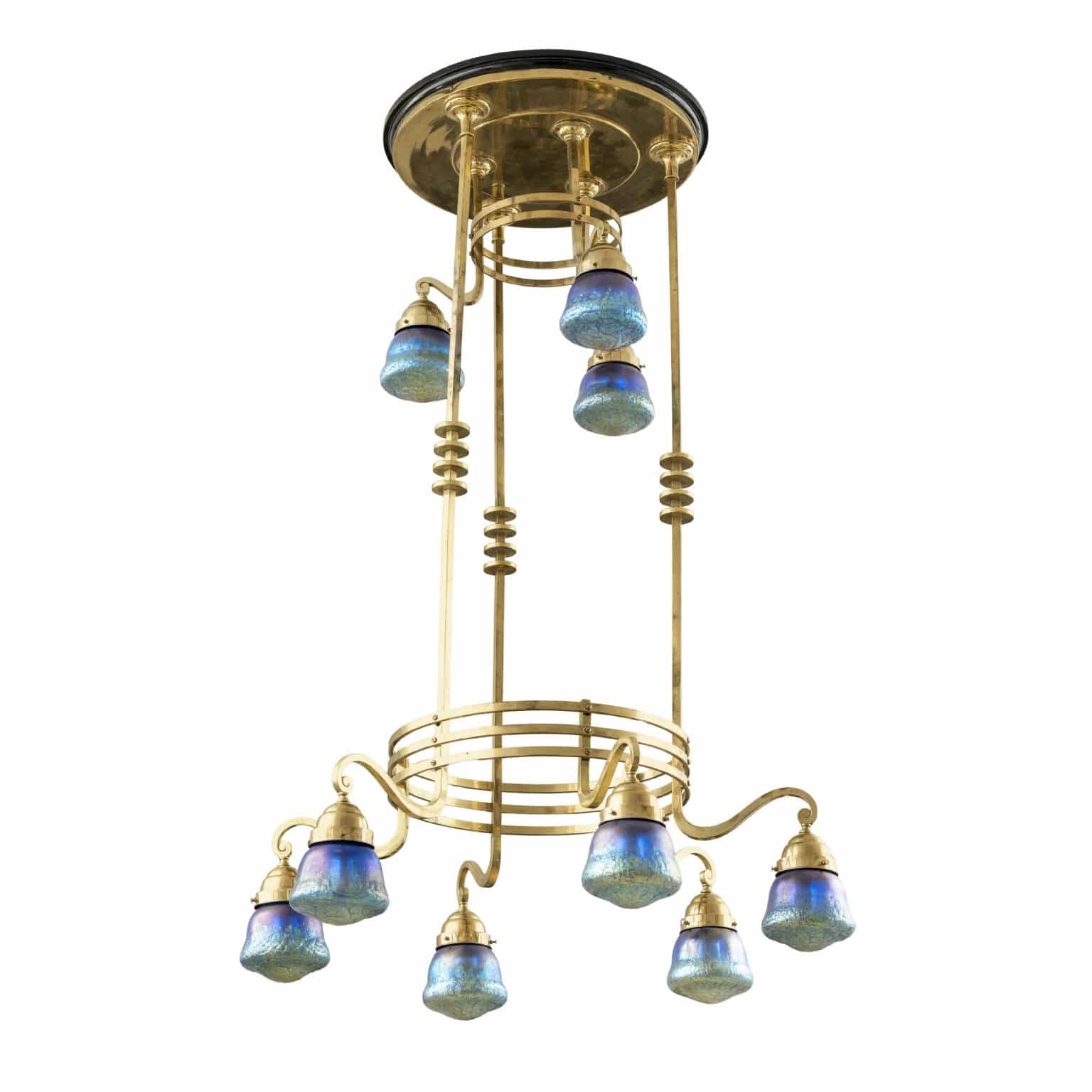 Salonluster mit Loetz Schirmen Koloman Moser Johann Loetz Witwe Dekor Phänomen Genre 377 um 1901 Messing Glas