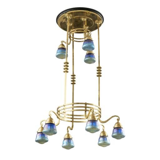 Chandelier with Loetz shades Koloman Moser Johann Loetz Witwe decor Phenomen Genre 377 ca. 1901 brass glass