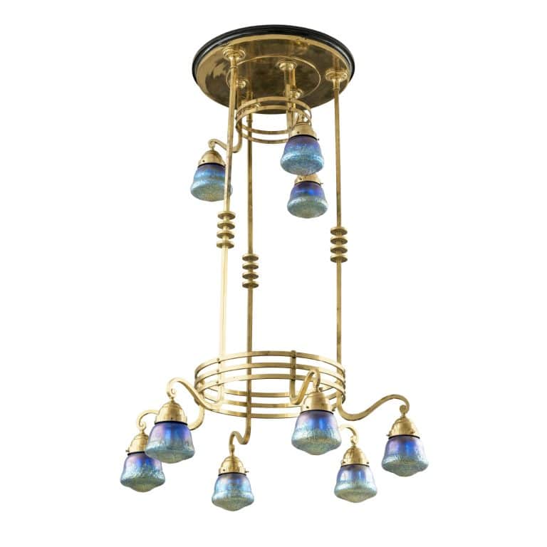 Chandelier with Loetz shades Koloman Moser Johann Loetz Witwe decor Phenomen Genre 377 ca. 1901 brass glass